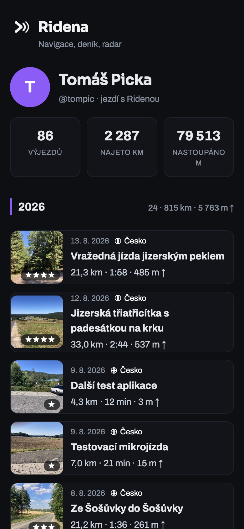 Deník jízd v Rideně na mobilu