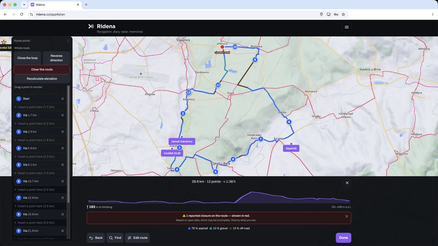 Ridena's route planner on a computer